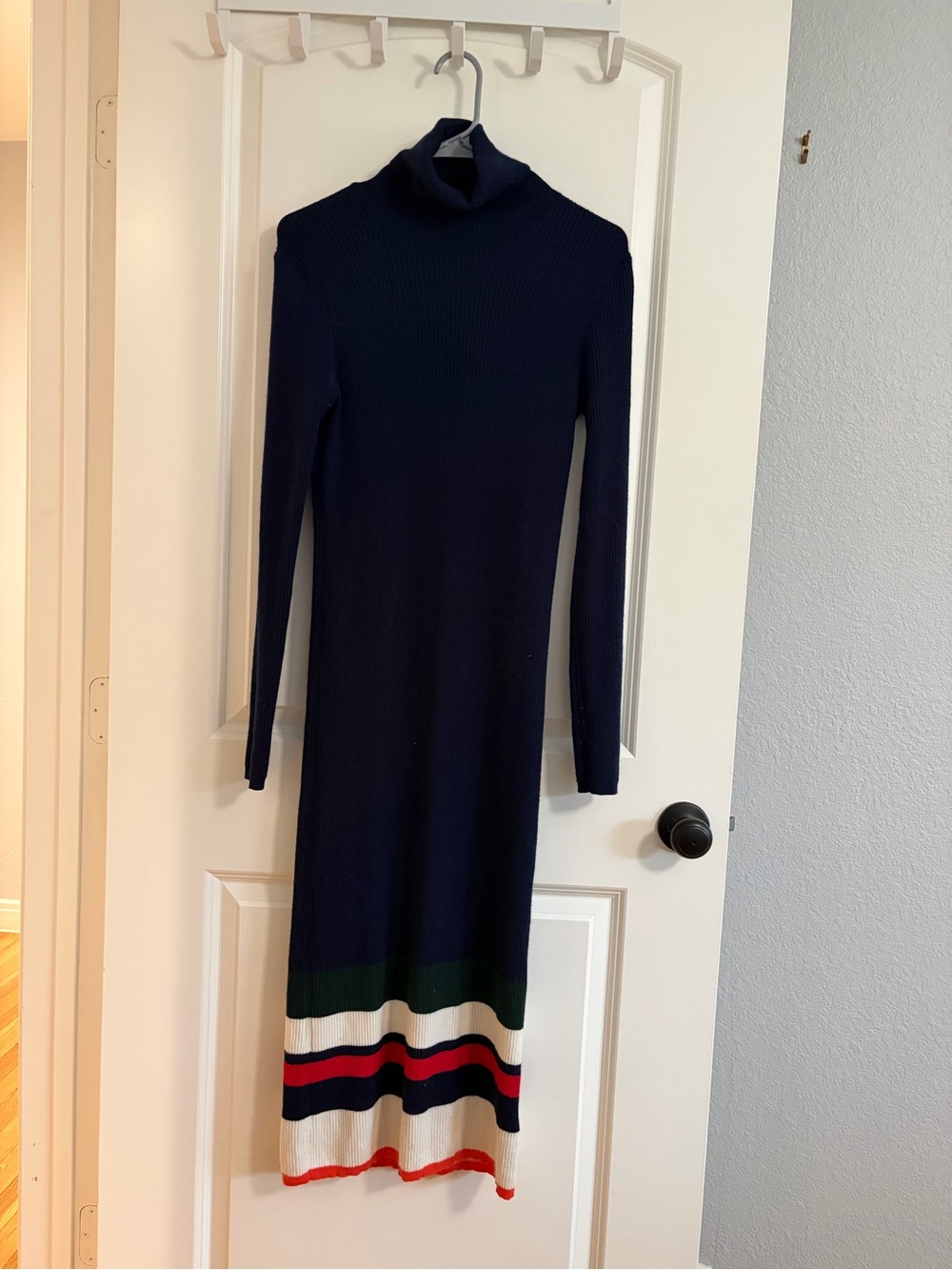 Ralph Lauren Navy Merino Wool Turtleneck Long Sleeve Knit Dress with Stripe Hem